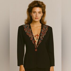 Vintage Carole Little Black Moulin Rouge Blazer Vibrant Embroidery Rose Button M